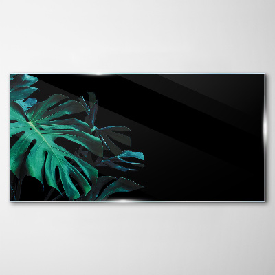 Green leaves on a black background Glass art print