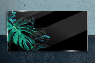 Green leaves on a black background Glass art print