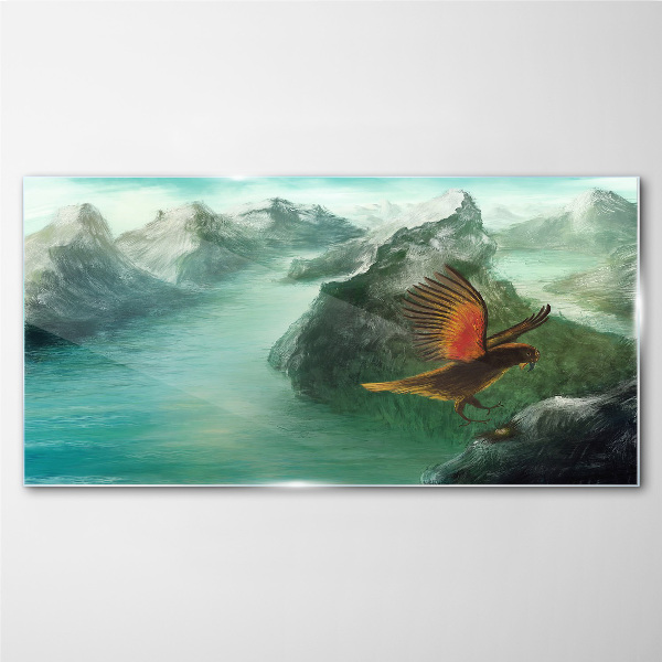 Eagle over a mountain lake Wall art on glass