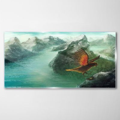 Eagle over a mountain lake Wall art on glass