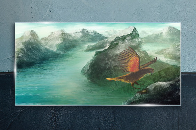 Eagle over a mountain lake Wall art on glass