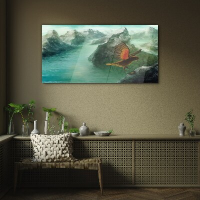 Eagle over a mountain lake Wall art on glass