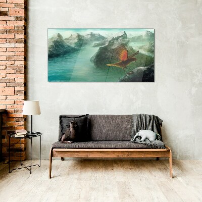 Eagle over a mountain lake Wall art on glass
