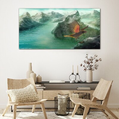 Eagle over a mountain lake Wall art on glass