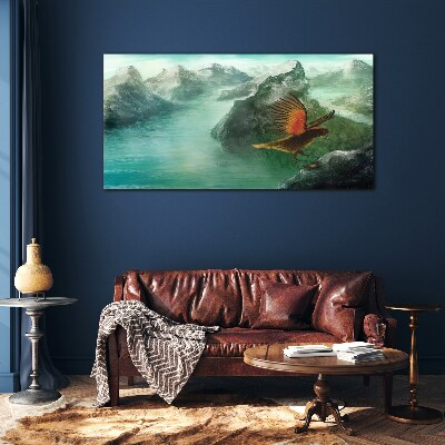 Eagle over a mountain lake Wall art on glass