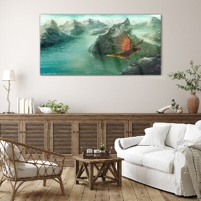 Eagle over a mountain lake Wall art on glass