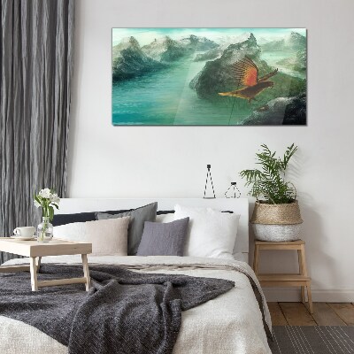 Eagle over a mountain lake Wall art on glass
