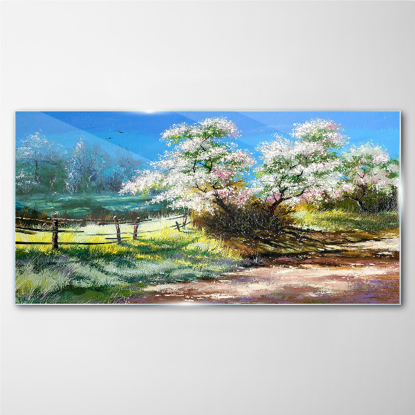 Spring landscape with blooming trees Glass art print