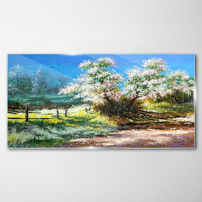 Spring landscape with blooming trees Glass art print