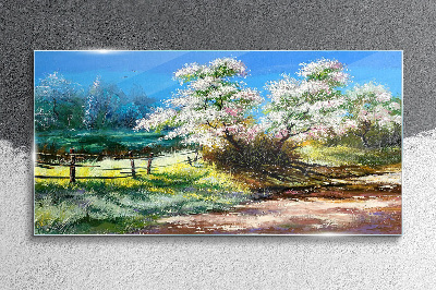 Spring landscape with blooming trees Glass art print