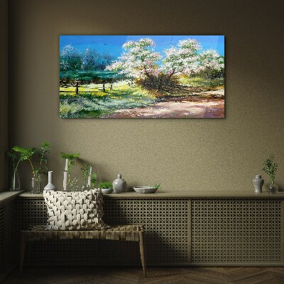 Spring landscape with blooming trees Glass art print
