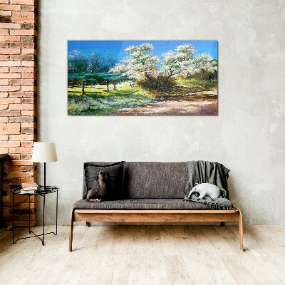 Spring landscape with blooming trees Glass art print