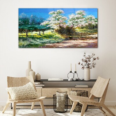 Spring landscape with blooming trees Glass art print