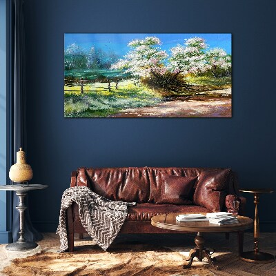 Spring landscape with blooming trees Glass art print