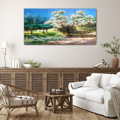 Spring landscape with blooming trees Glass art print