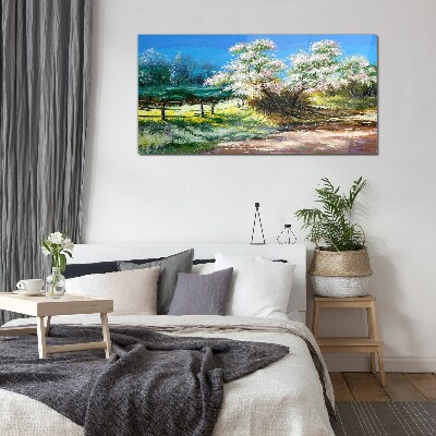 Spring landscape with blooming trees Glass art print