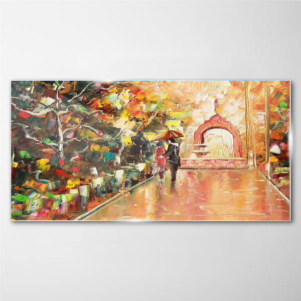 Autumn alley with umbrellas Wall art on glass