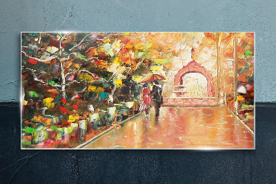 Autumn alley with umbrellas Wall art on glass