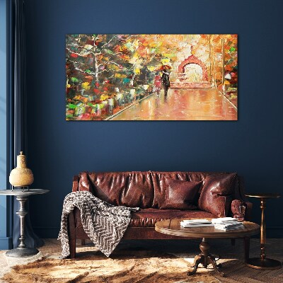 Autumn alley with umbrellas Wall art on glass
