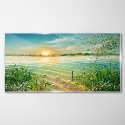 A quiet morning by the lake Wall art on glass