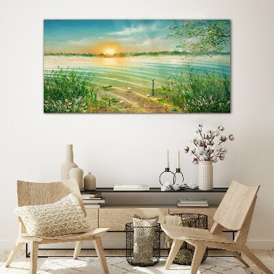 A quiet morning by the lake Wall art on glass