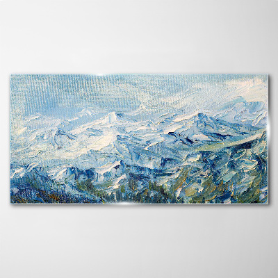 Mountain landscape in shades of blue Glass art print