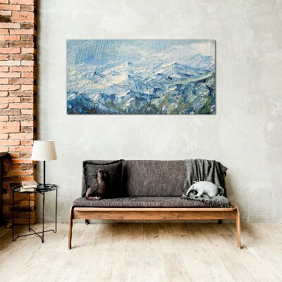 Mountain landscape in shades of blue Glass art print