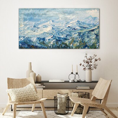 Mountain landscape in shades of blue Glass art print