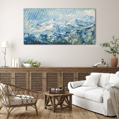 Mountain landscape in shades of blue Glass art print