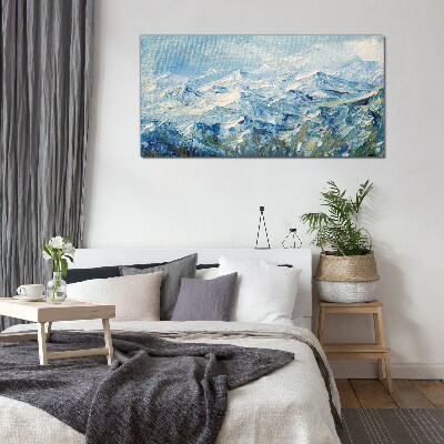 Mountain landscape in shades of blue Glass art print