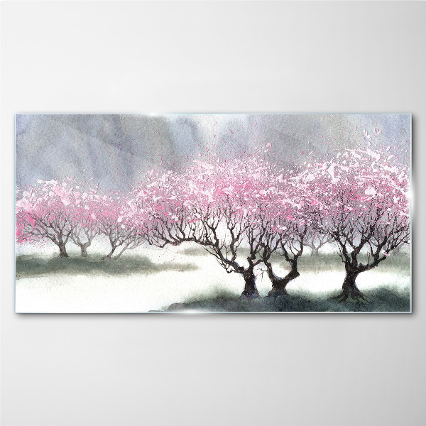 Blossoming trees in the spring haze Glass art print