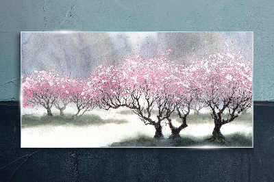 Blossoming trees in the spring haze Glass art print