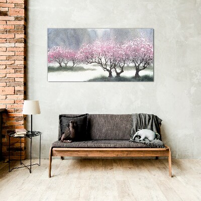 Blossoming trees in the spring haze Glass art print