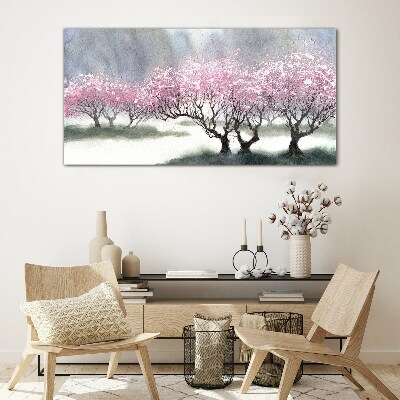 Blossoming trees in the spring haze Glass art print