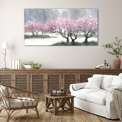 Blossoming trees in the spring haze Glass art print