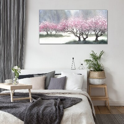 Blossoming trees in the spring haze Glass art print