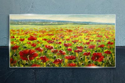 A field of poppies in the sun Wall art on glass