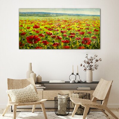 A field of poppies in the sun Wall art on glass
