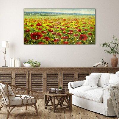 A field of poppies in the sun Wall art on glass