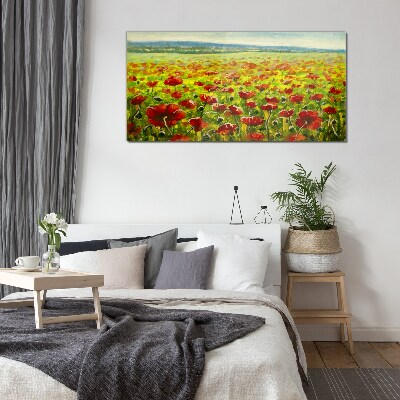 A field of poppies in the sun Wall art on glass