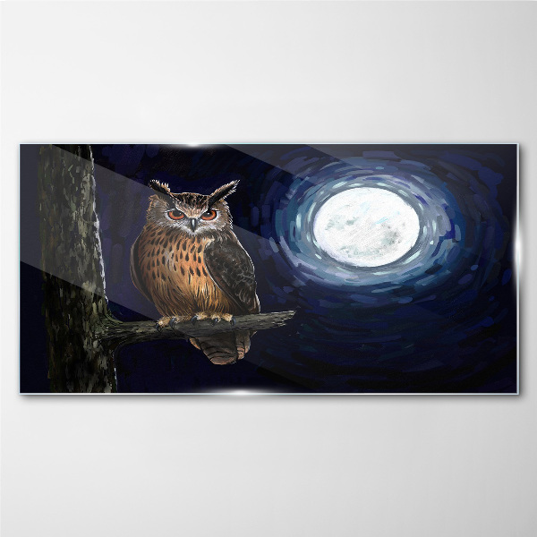 Tree branch night owl moon Glass Wall Art