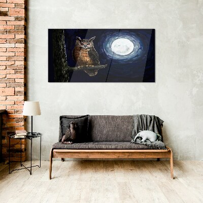 Tree branch night owl moon Glass Wall Art