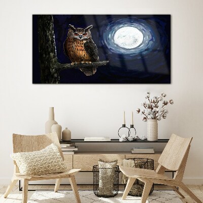 Tree branch night owl moon Glass Wall Art