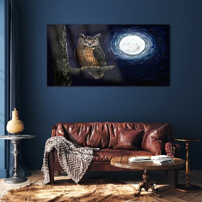 Tree branch night owl moon Glass Wall Art