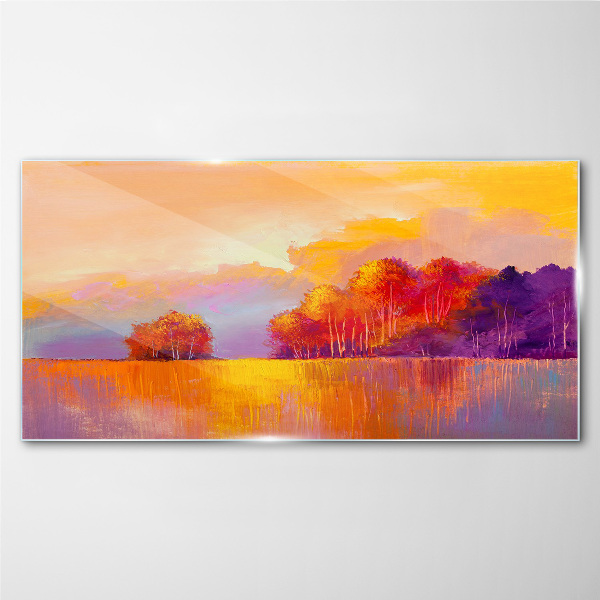 Colorful sunset over the meadow Glass art print