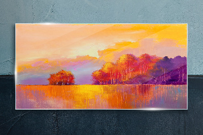 Colorful sunset over the meadow Glass art print