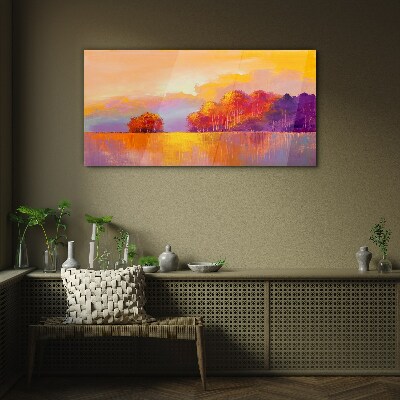 Colorful sunset over the meadow Glass art print