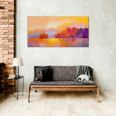 Colorful sunset over the meadow Glass art print