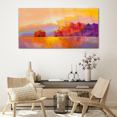 Colorful sunset over the meadow Glass art print