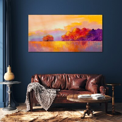Colorful sunset over the meadow Glass art print